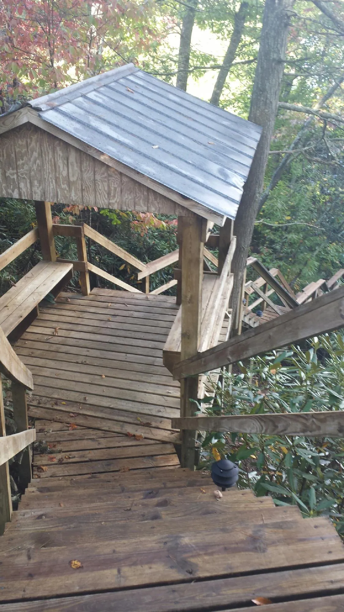 Metal roofed shelter over wooden steps on a wooded walkway — Skylight Repair & Installation work by our crew in West Blocton